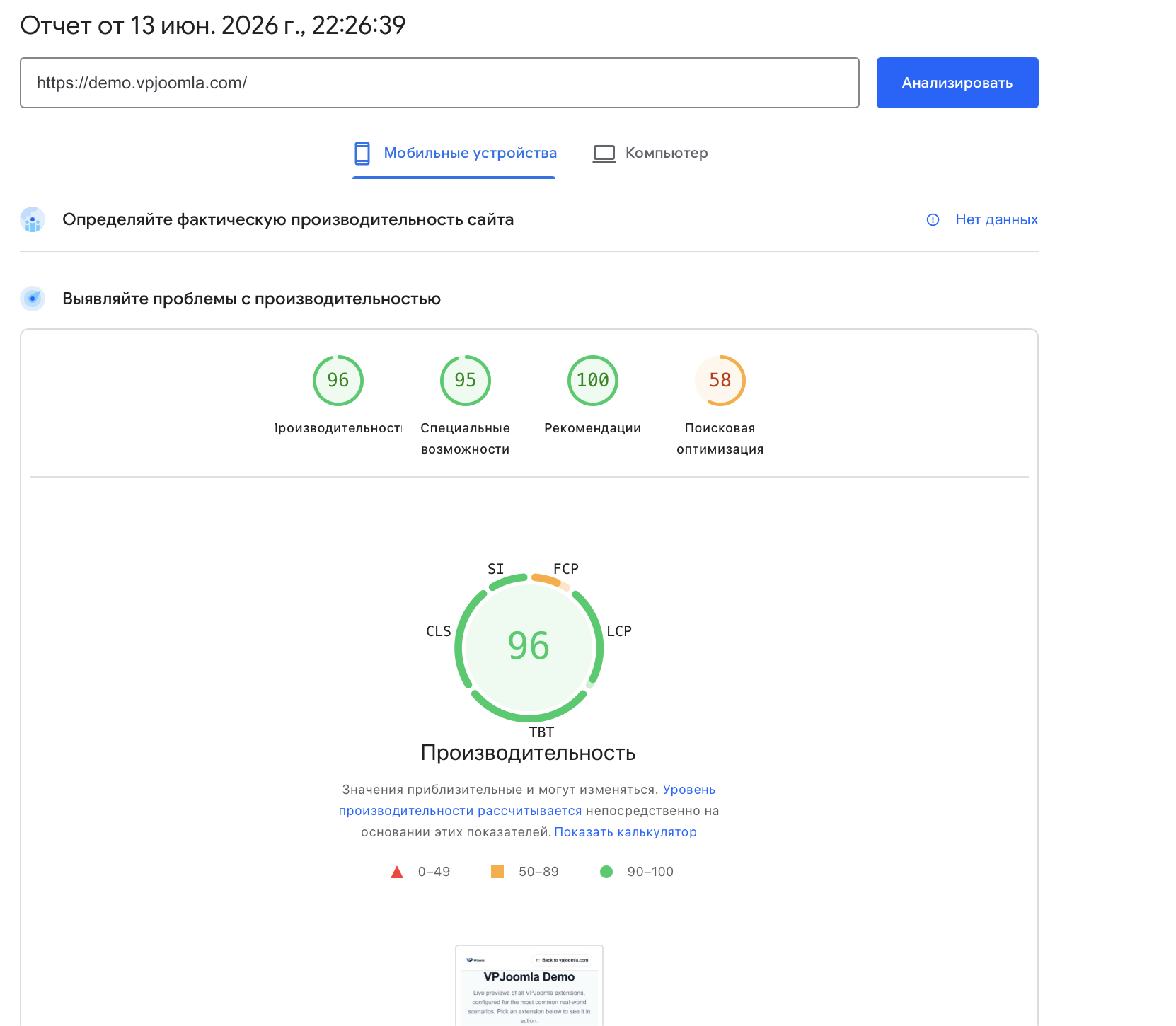PageSpeed score 96 without VP Speed